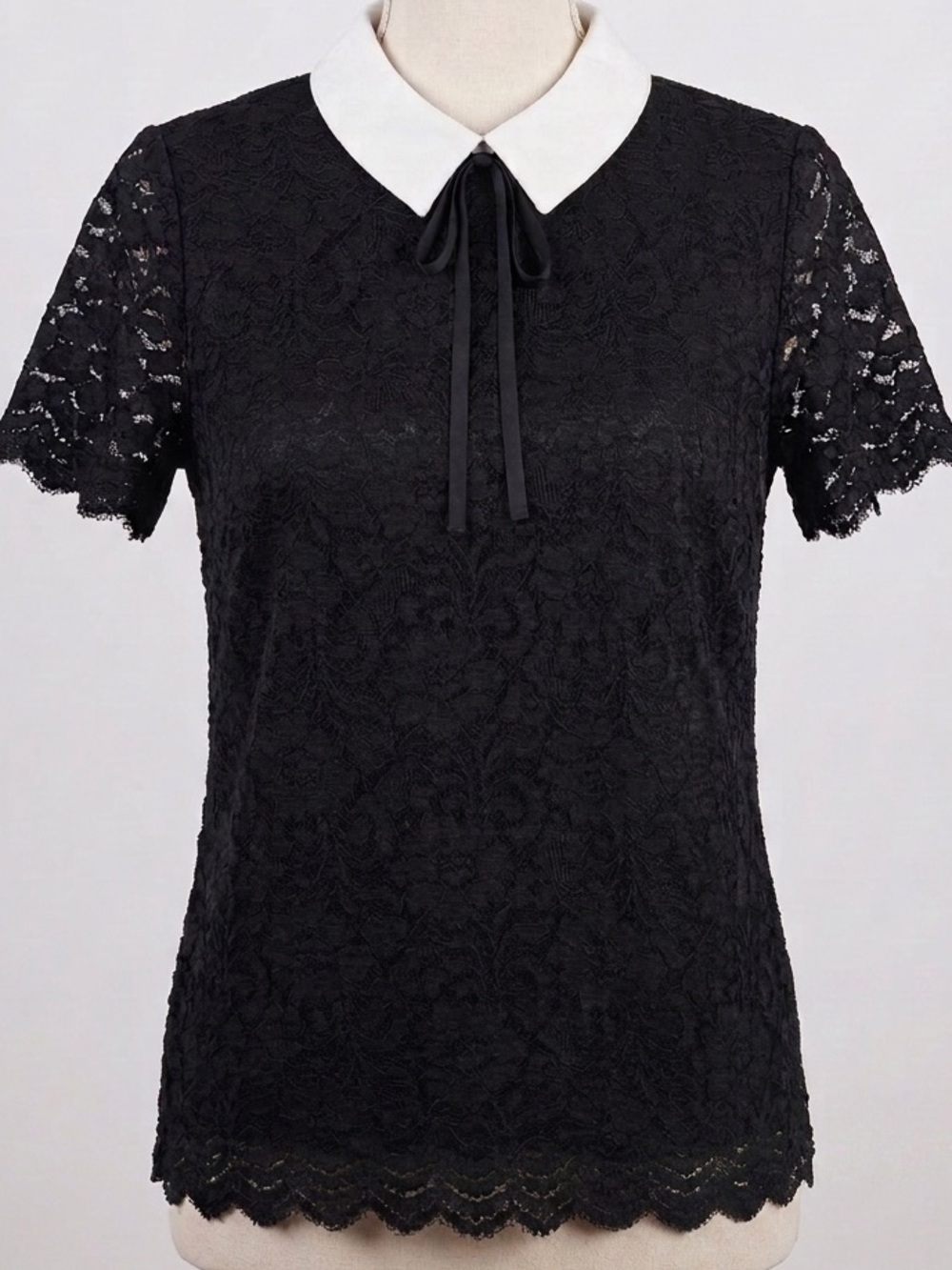 Karl Lagerfeld Black Lace Short-Sleeve Top with White Collar